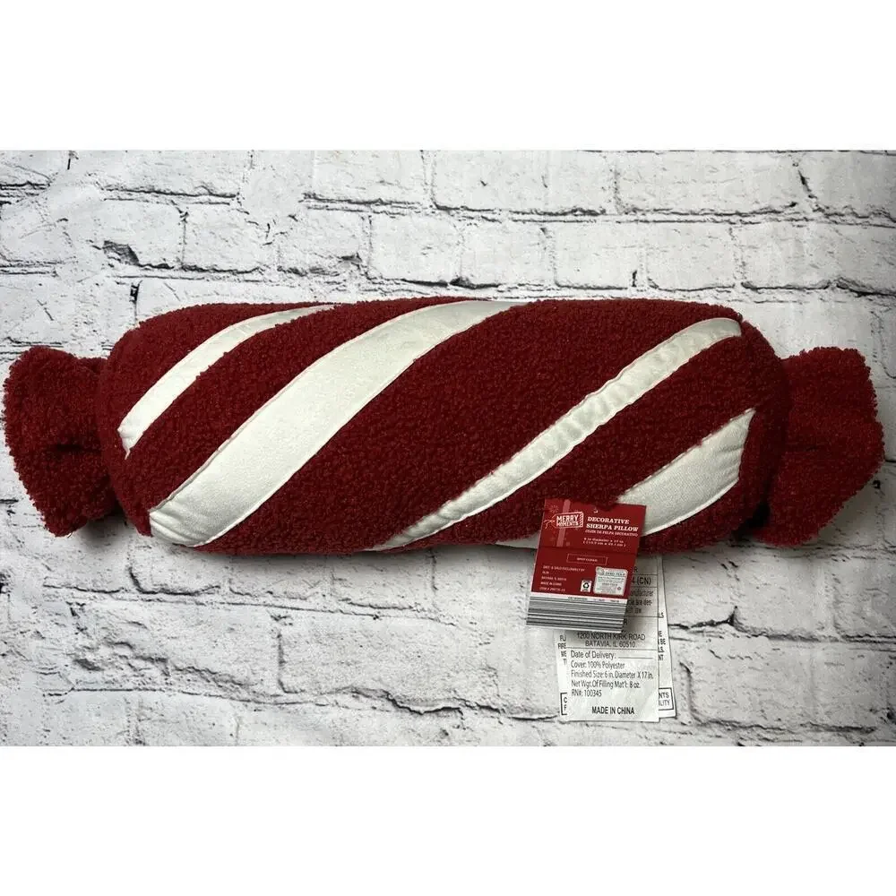 NWT 2023 Merry Moments Peppermint Twist‎ Bolster Candy Sherpa Pillow 17”x6” READ